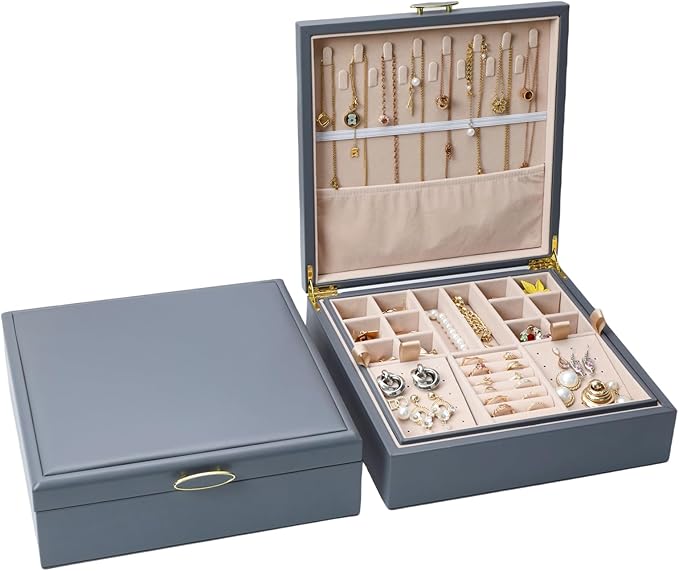 2-layer jewelry boxï¼Jewelry Organizer with Handleï¼with hanging necklace hooks, detachable jewelry trays, suitable for storing a large amount of jewelry gift box (Large-Grey)