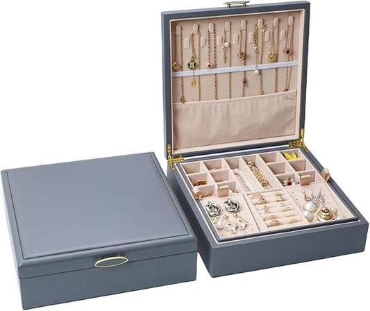2-layer jewelry boxï¼Jewelry Organizer with Handleï¼with hanging necklace hooks, detachable jewelry trays, suitable for storing a large amount of jewelry gift box (Large-Grey)