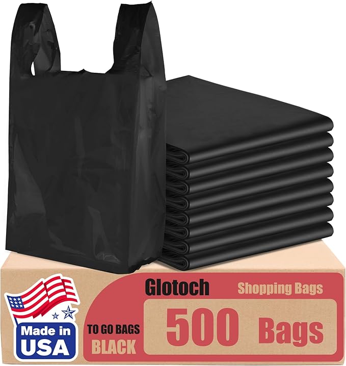 Glotoch Plastic T-shirt Bags (500 Count) Black (Plain), 11.5" x 6.5" x 21" Grocery Bags with Handles for Restaurant, Retail, Grocery Store, Takeout, Convenience, Trash, Shopping Bag Small Business