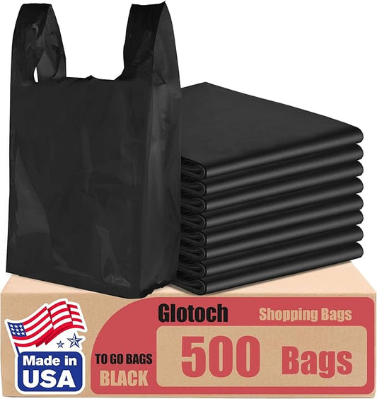 Glotoch Plastic T-shirt Bags (500 Count) Black (Plain), 11.5" x 6.5" x 21" Grocery Bags with Handles for Restaurant, Retail, Grocery Store, Takeout, Convenience, Trash, Shopping Bag Small Business