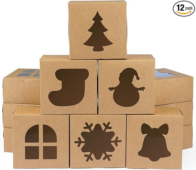 12 PCS Christmas Cookie Boxes, 6×6×3 Inches Treat Boxes Tin, Small Pastry Boxes with Window, for Gift Giving Packaging Dessert Bakery Cupcake Baked Goods (Brown)