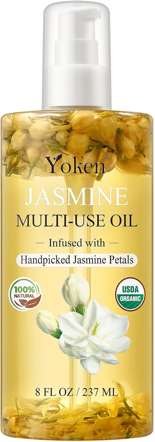 Organic Jasmine Multi-Used Body Oil For Skin, Face, Hair and Nails, With Handpicked Petals, Jasmine Essential Oil & Vitamin E & Almond Oil Nourishing & Hydrating, for Moisture & Skin After Bath Oil