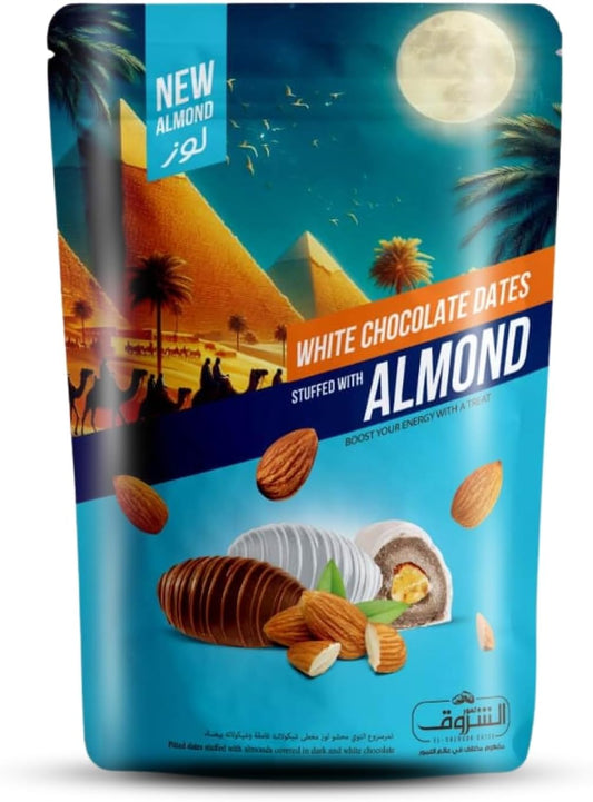 El Sherouk Mixed Milk & White Chocolate Covered Dates with Almond – Medium Size – 250 g (8.82 oz)