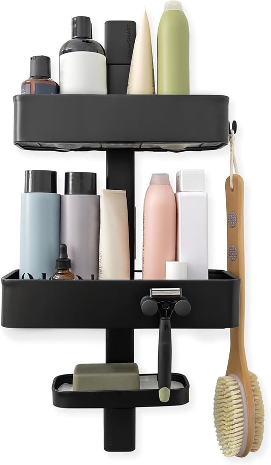 ShowerSMART Rust Resistant Hygienic Shower Caddy â Hanging Bathroom Organizer with Adjustable Shelves, Easy Clean Trays & Magnetic Hooks for DIY Remodels & Shower Niches - Black