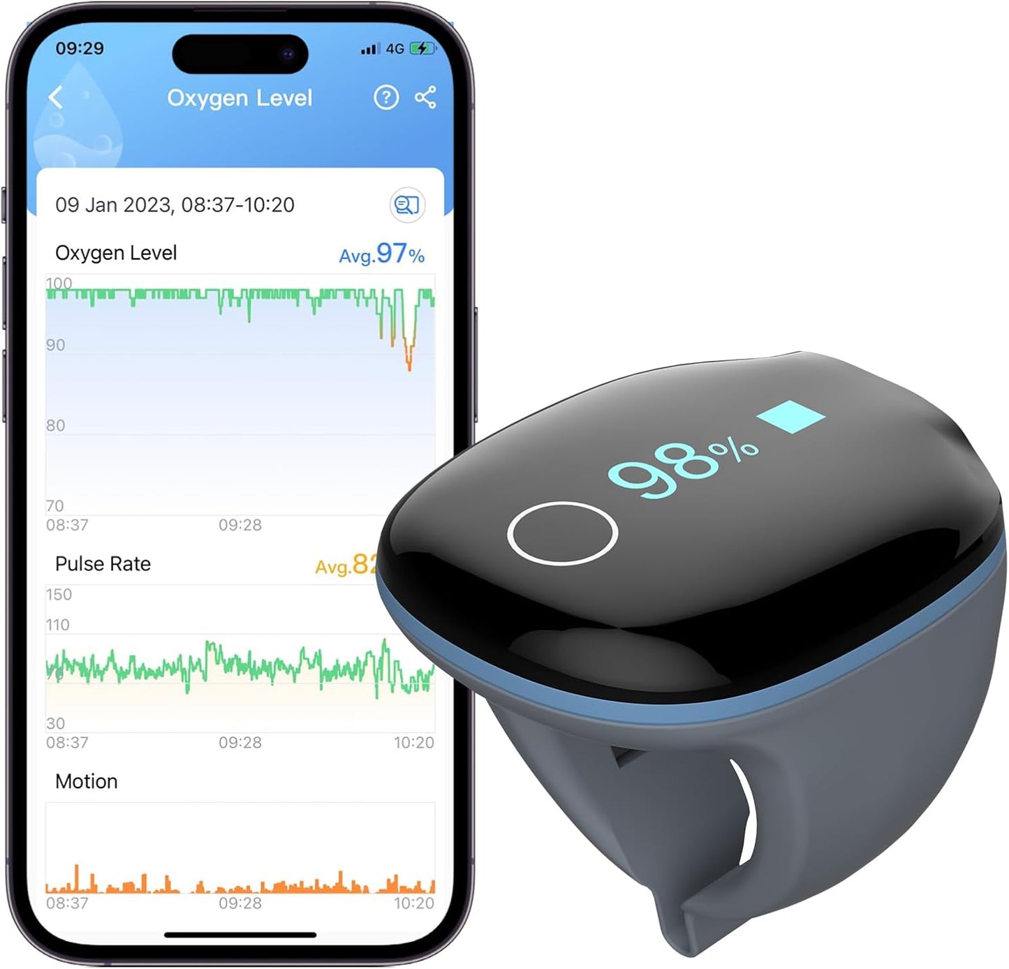 Wellue O2Ring Oxygen Monitor with Vibration Reminder -Bluetooth O2 Pulse Oximeter Rechargeable, Continuous Recording of SpO2 & PR, Blood Oxygen Saturation Tracker with Free APP & PC Reports