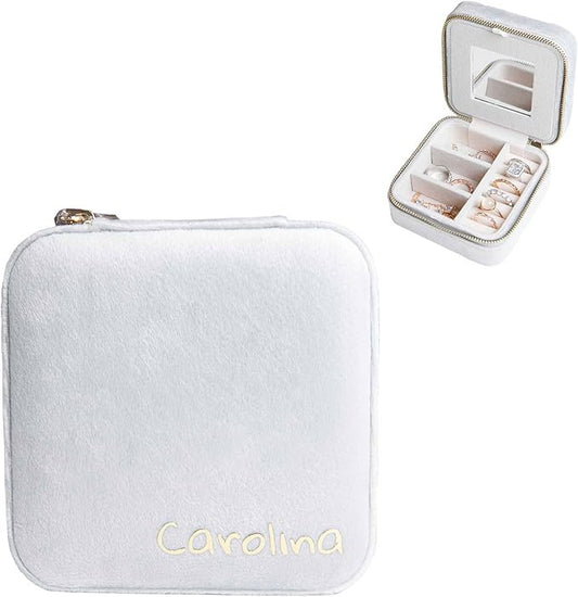 Customizable Compact Velvet Jewelry Box with Mirror, Travel Jewelry Case, Travel Jewelry Organizer, Jewelry Box for Women and Girls, Small Jewelry Organizer (Bottom Right Text, Milky Gray)