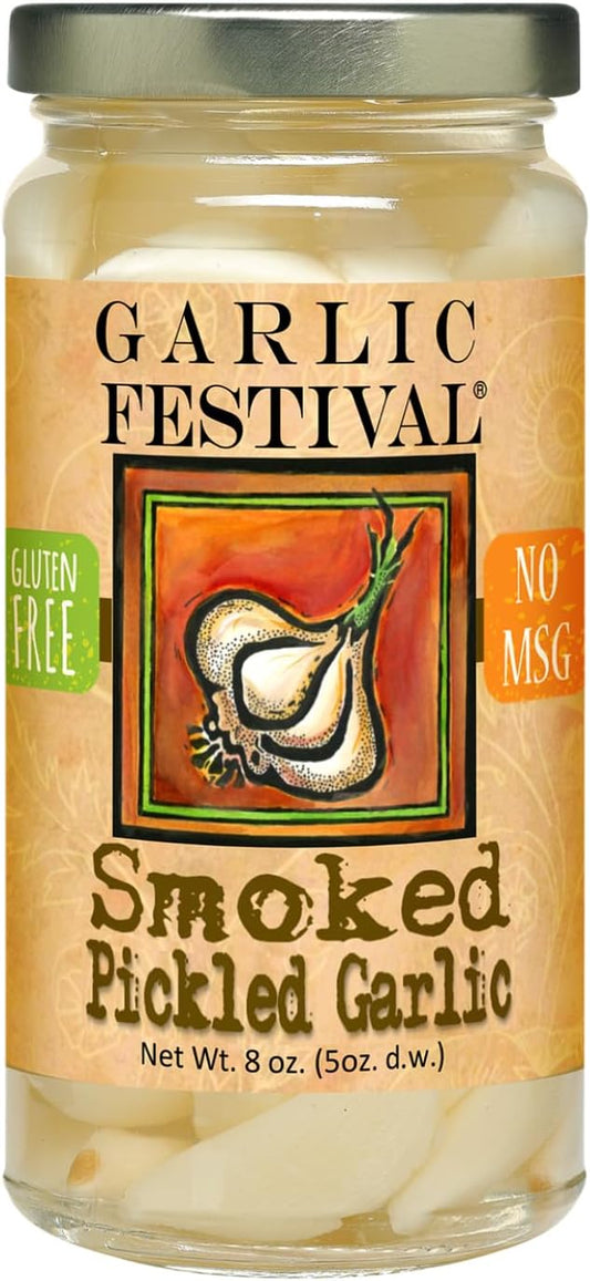 Garlic Festival Foods Smoked Pickled Garlic Cloves - Freshly Made, Subtly Infused, 8 oz Jar