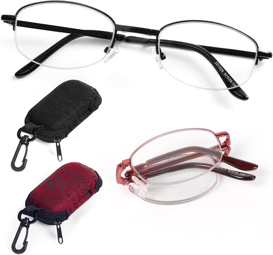 DXYXYO 2 Pack Folding Reading Glasses for Women Men, Half Rimless Small Pocket Metal Readers Blue Light Blocking