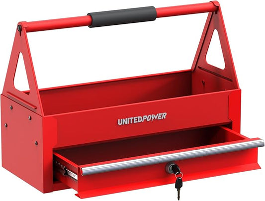 UNITEDPOWER Handy Tool Box With 1 Drawerï¼Portable Metal Tote Tray with comfortable grip handle, Tool Organization for Household, Warehouse, Repair Shop, Red