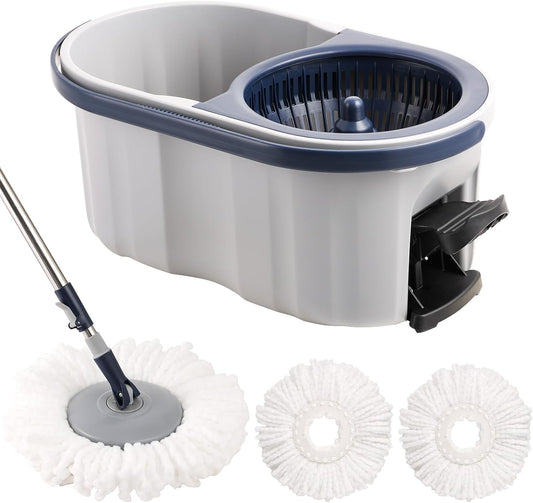 Spin Mop and Bucket Set 180° Swivel Mop Head Adjustable Telescopic Handle Dual Chamber Bucket 3 Refills Dual-Action Wringing Hand-Press Foot-Peda Hands-Free Self-Cleaning System for All Floor Types
