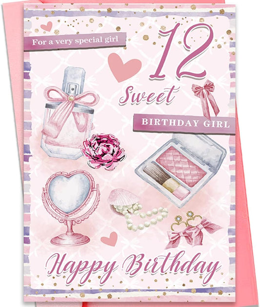 fancu Happy 12th Birthday Card for Girls, Sweet Fashion Bithday Card for 12th Girls, Pink Beauty Themed Card,Birthday Card for Special Daughter Granddaughter, Perfume, Makeup & Pearl Design