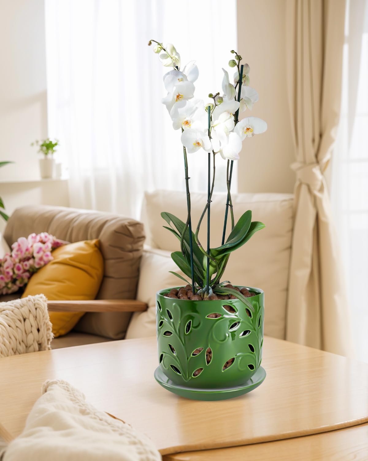 EFISPSS Orchid Pot with Holes, 5+6Inch Ceramic Plant Pots with Drainage Holes and Tray, Promoting Air Circulation and Drainage, Indoor/Outdoor Flower Pots-Green