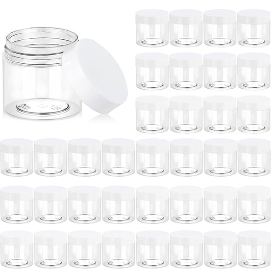 Eternal Moment 36 Pack 2 OZ Plastic Jars Round Clear Cosmetic Container Jars with White Lids, Perfect for Lotion, Slimeï¼Cream, Ointments, Makeup, Eye Shadow, Samples, Pot, Travel Storage