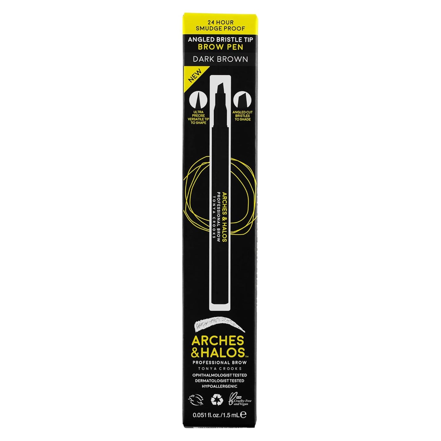 Arches and Halos Angled Bristle Tip Waterproof Brow Pen - Water Based and Smudge Proof Eyebrow Pencil - Extended Wear - Dark Brown - 0.051 oz
