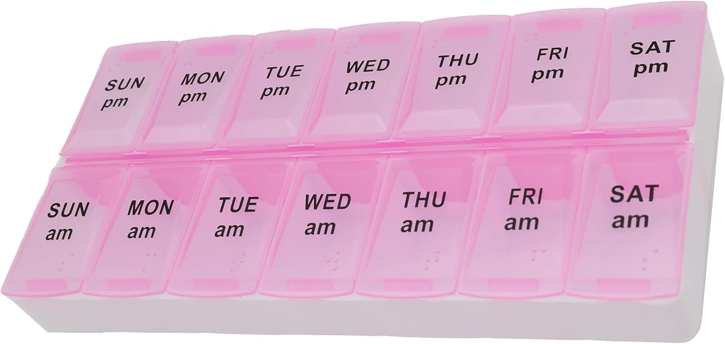 7 Day Weekly Pill AM PM Organizer, ShysTech Large Pill Case Pill Box for Pills/Vitamin/Supplements/Medication (Pink, Regular)