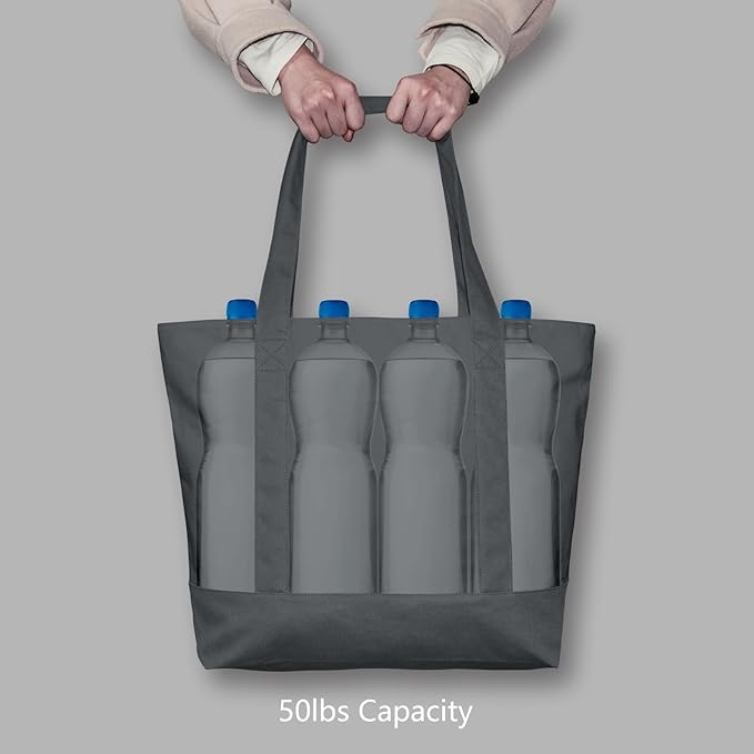 TOPDesign 3-Pack Canvas Tote Bags with an External Pocket, Reusable Grocery Shopping Bags, Top Zipper Closure, Daily Essentials (Grey)