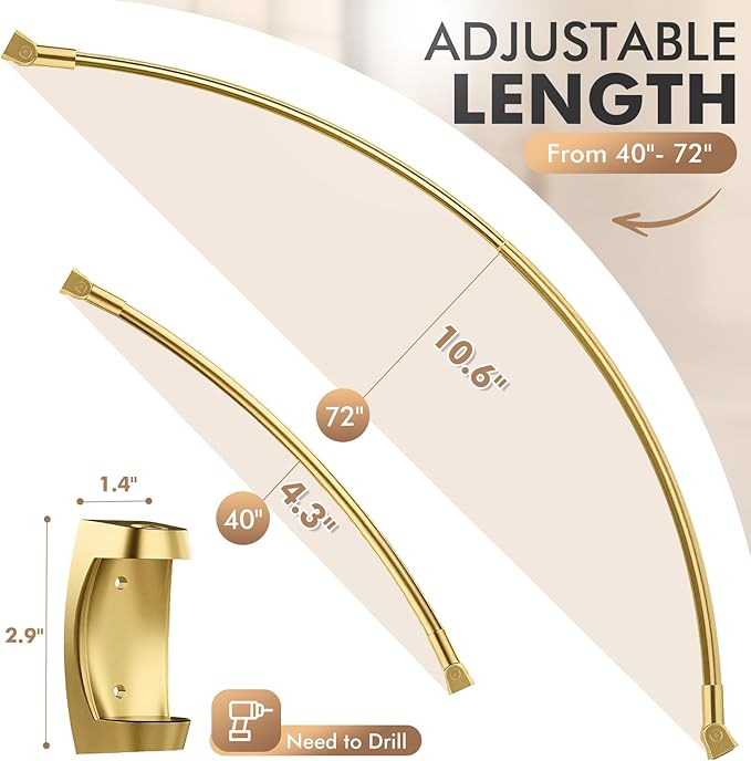 Curved Shower Curtain Rod for Bathroom, 40-72 Inches Adjustable Curved Shower Rod, 0.9MM Aluminum Rustproof Shower Curtain Rod with Rotating Brackets for Extra Shower Space, Need to Drill, Gold