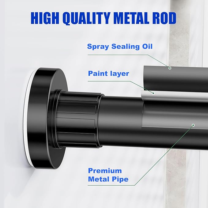 Ausemku Shower Curtain Rod 32-80 Inch Adjustable - 1 Inch Diameter Heavy Duty No drill Spring Tension Shower Rod, Non-Slip Rustproof Telescopic Rod for Bathroom, Black