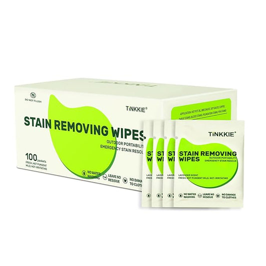 100 Pack Stain Remover Wipes for Clothes & Fabric â Instant Clothing Stain Remover for Shoes, Shirts & Jackets, Individually Wrapped Portable Wipes for Travel & On-the-Go Cleaning