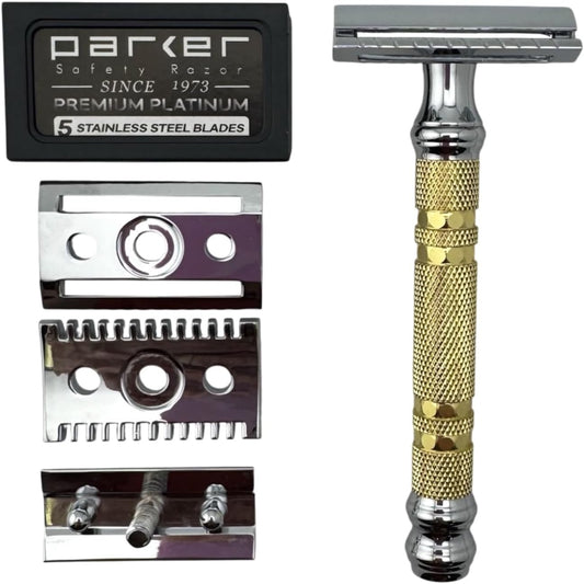 Parker, "The Convertible", Double Edge Safety Razor – Interchangeable Open & Closed Comb Plates, Solid Brass/Chrome 93 g Handle, Customizable Shave from Mild to Aggressive