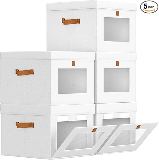 Storage Bins with Lid â Closet Organizer with Side Opening and Clear Window, Foldable Stackable Fabric Basket for Clothes, Home, Office - 13.77" x 11.8" x 9.8", 5 Pack, White