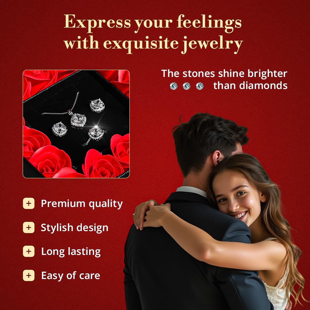 GENIRINA Preserved Rose with Necklace Gift Box - Preserved Real Rose Flowers with Cubic Zirconia Pendant Necklace, Earrings and Adjustable Ring in Beautiful Gift Box for Her Women Wife Mom Girlfriend