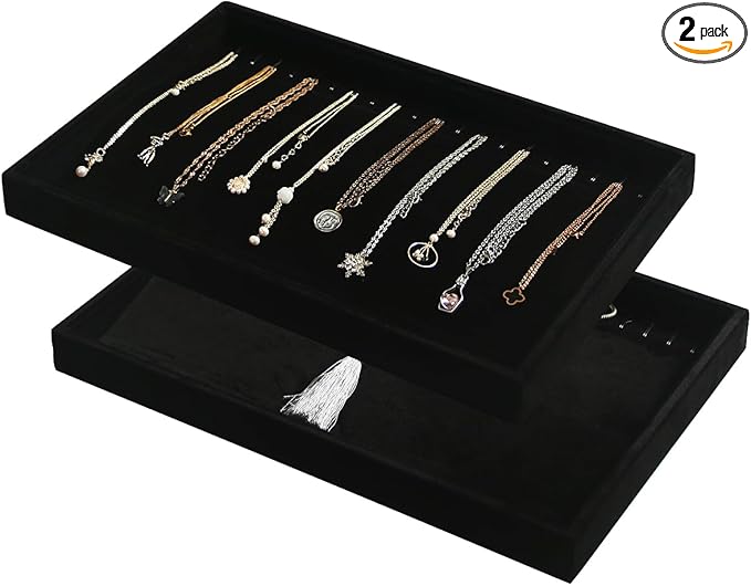 Coward Set of 2 Black Velvet Stackable Necklace Holder Organizer Tray Velvet Necklace Display Stand for Selling Jewelry Box Case for Storage (necklace+necklace)