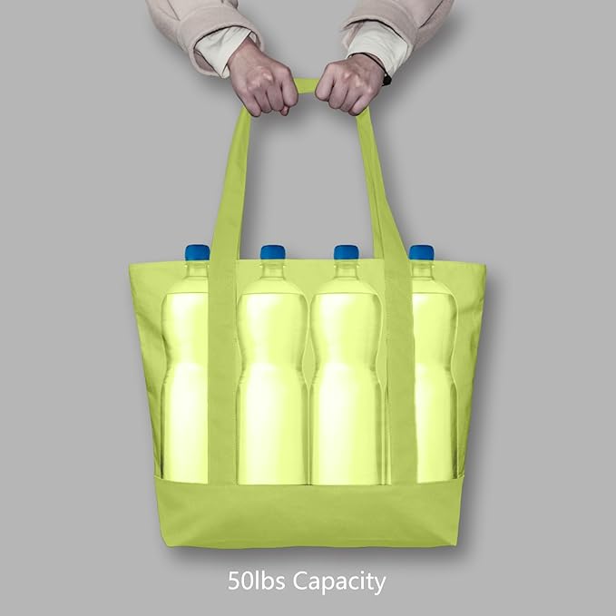TOPDesign 6-Pack Canvas Tote Bags with an External Pocket, Reusable Grocery Shopping Bags, Top Zipper Closure, Daily Essentials (Light Green)