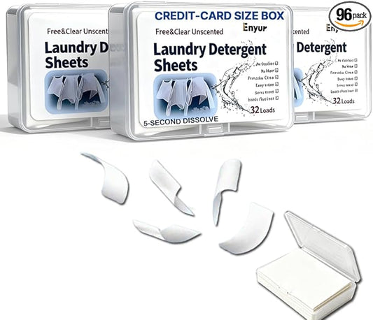 Fragrance-Free Laundry Sheets - Ultra-Concentrated Travel Detergent in Compact Storage Box, 5-Second Dissolve, 2X Stain Removal, HE-Safe, TSA Approved Detergent Sheets - 3 Pack / 96 Loads