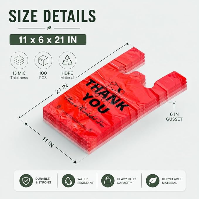 YoYoRain Red Thank you T shirt bag, Grocery shopping bag Reusable and Disposable Supermarket Bag 11''x6''x21'' 100PCS