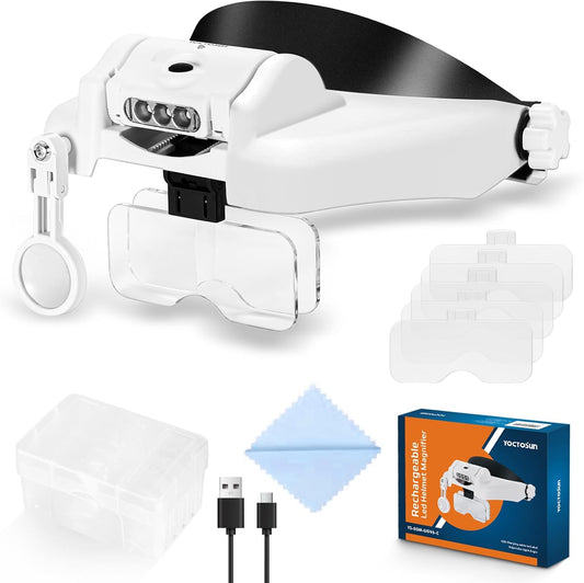 YOCTOSUN LED Headband Magnifier, Rechargeable Illuminated Magnifying Visor -1X to 14X Zoom, Hands Free Head Mounted Magnifying Glasses with Lights for Close Work, Sewing, Crafts, Jewelry, Watch Repair