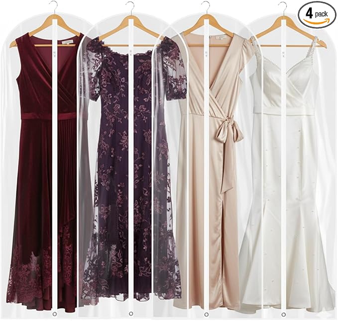 65â All Clear Dress Bags for Travel - PEVA Waterproof Fordable Cover with Zipper for Hanging Clothes, long Dress - Durable Dresser for Closet Storage, Dustproof & Moisture Resistant - 65â/4 Pack