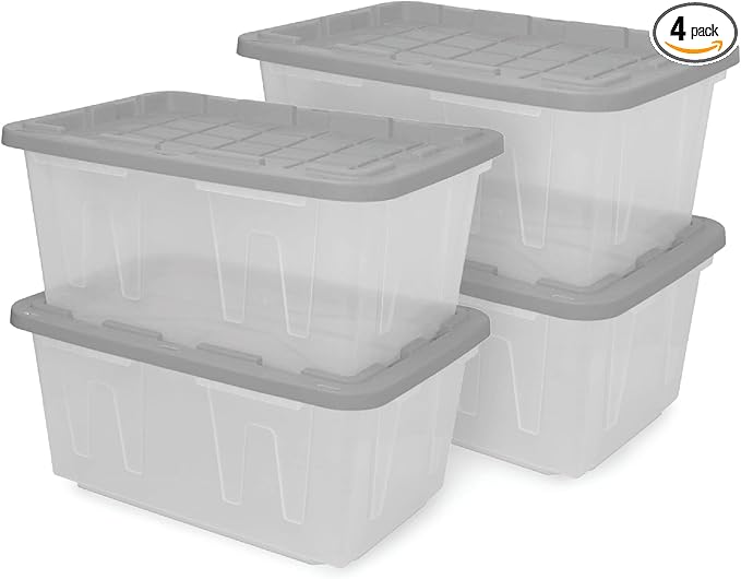 CX BLACK & YELLOW 27-Gallon Heavy Duty Clear Storage Bins with Lids, Stackable Plastic Storage Bins with Weather-Resistant Design, Home Organization, Clear & Grey, 4 Pack (14.3H x 20.6W x 30.6D)
