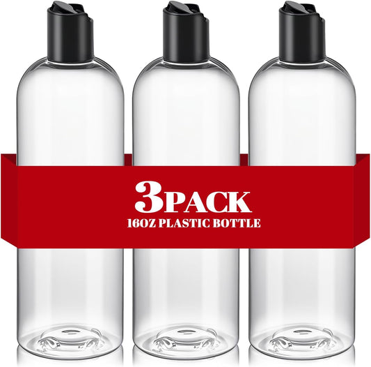 3Pcs 16 oz Clear Plastic Refillable Travel Shampoo and Conditioner Bottles with Black Disc Top Caps，Squeeze Empty Bottles Cosmetic Containers for Lotions, Body Soap Cream