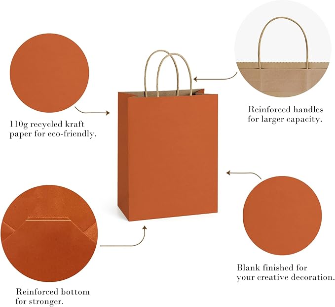 BagDream Gift Bags 8x4.25x10.5 IN 100Ct Kraft Paper Gift Bags with Handles Bulk, Halloween Party Favor Retail Shopping Craft Bags (Orange)