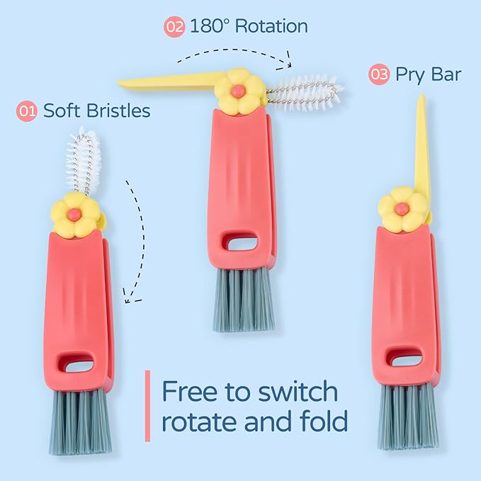 Generic 3 in 1 Cup Lid Cleaning Brush, Multi-Functional, Portable, Blue+pink, Plastic, Nylon Bristles, 2 Pack