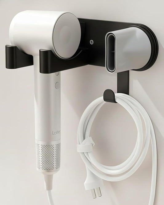 Hair Dryer Holder Wall Mounted, Hair Dryer Organizer Self Adhesive Compatible with Dyson Blow Dryer Holder Aluminum BlowDryer Holder Wall Mounted for Bathroom Black