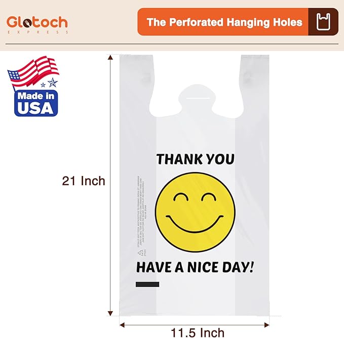 Glotoch 5000 (5K) Ct Plastic Thank You T-shirt Bags Smile Face, 11.5 x 6.5x 21" Have Nice Day Grocery Shopping Gift Bag with Handle for Restaurant, Retail, Takeout, Convenience Store, in Bulk Business