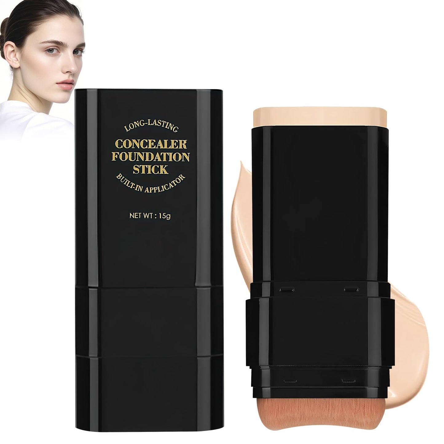 2PCS Long-Lasting Concealer Foundation Stick, Full Coverage Foundation Stick, 2-in-1 Contouring foundation with Brush, Cover Blemishes for All Skin Types (01#Ivory)