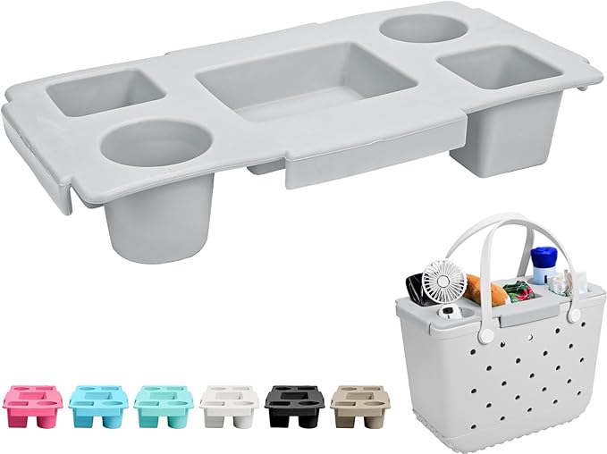 Tote Topper Tray Accessories for Bogg Bag Large Only – Waterproof EVA Table Top Organizer Lid with Cup Holder, Snack, Phone & Drink Holders for Beach, Pool, Picnic, Travel (Gray)