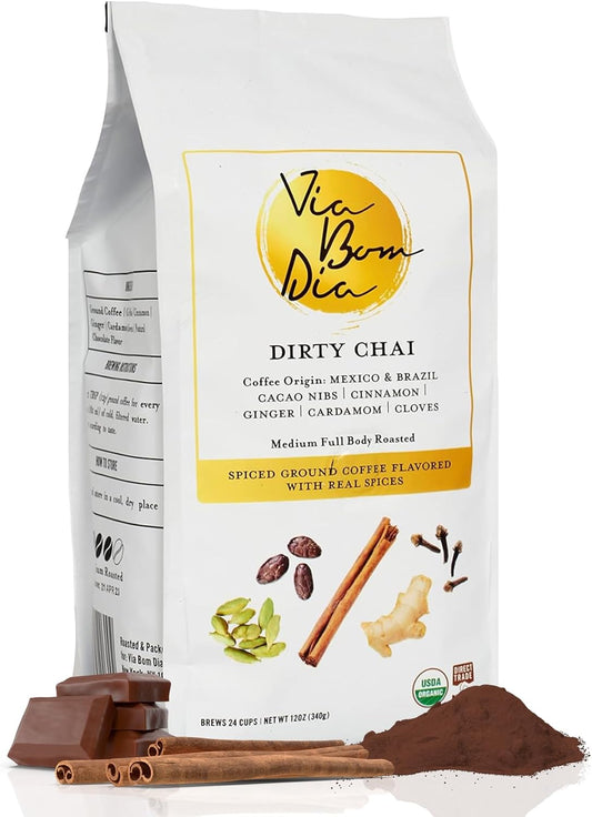 Via Bom Dia 100% Naturally Flavored Ground Coffee, Dirty Chai, Medium Roast, No Artificial Flavors, 12 oz. Bag