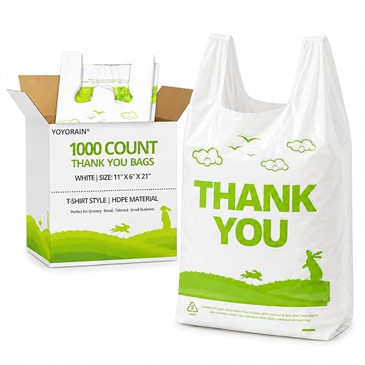 YoYoRain 1000 Pack White Design Thank You T-Shirt Bags with Handles, 11"x6"x21" Plastic Shopping Bags for Grocery, Retail & Takeout