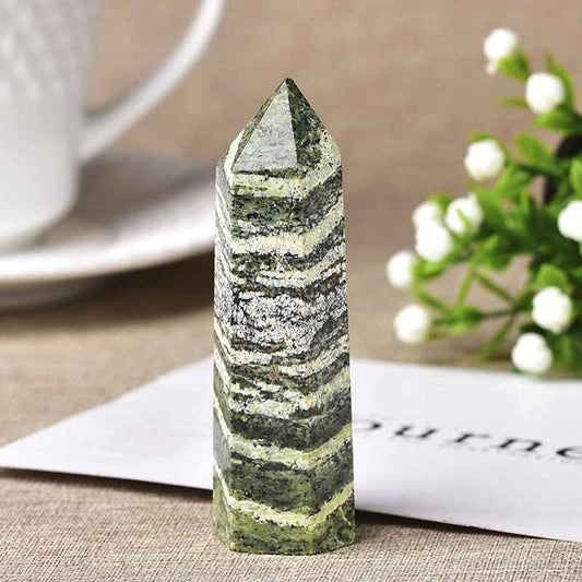1PC Natural Zebra-Stripe Hexagonal Column Crystal Point Wand Mineral Crystal Home Decoration Stone Study Room Decoration-Zebra-Stripe Green_71-80mm
