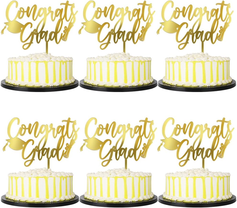 PALASASA Congrats Grad Cake Topper-Class of 2026 Graduate Party-2026 High School/College/Senior Graduation Party Congratulations Acrylic Decorations Set of 6 (6 Pcs Grad-3, Gold)