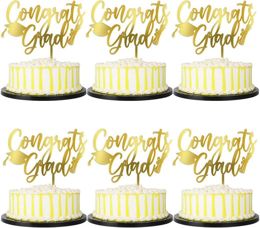 PALASASA Congrats Grad Cake Topper-Class of 2026 Graduate Party-2026 High School/College/Senior Graduation Party Congratulations Acrylic Decorations Set of 6 (6 Pcs Grad-3, Gold)