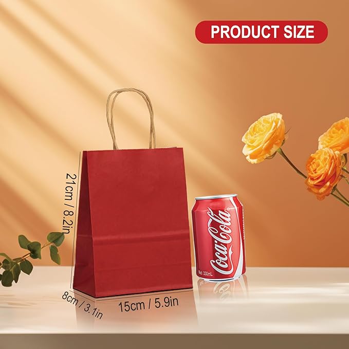 BAG BOX 100 Pack Small 5.9 * 3.2 * 8.3 Inch Inch Red Kraft Paper Gift Bags with Handles for Bulk Shopping, Retail, Craft, Party Favors, Wedding, Grocery & Sacks