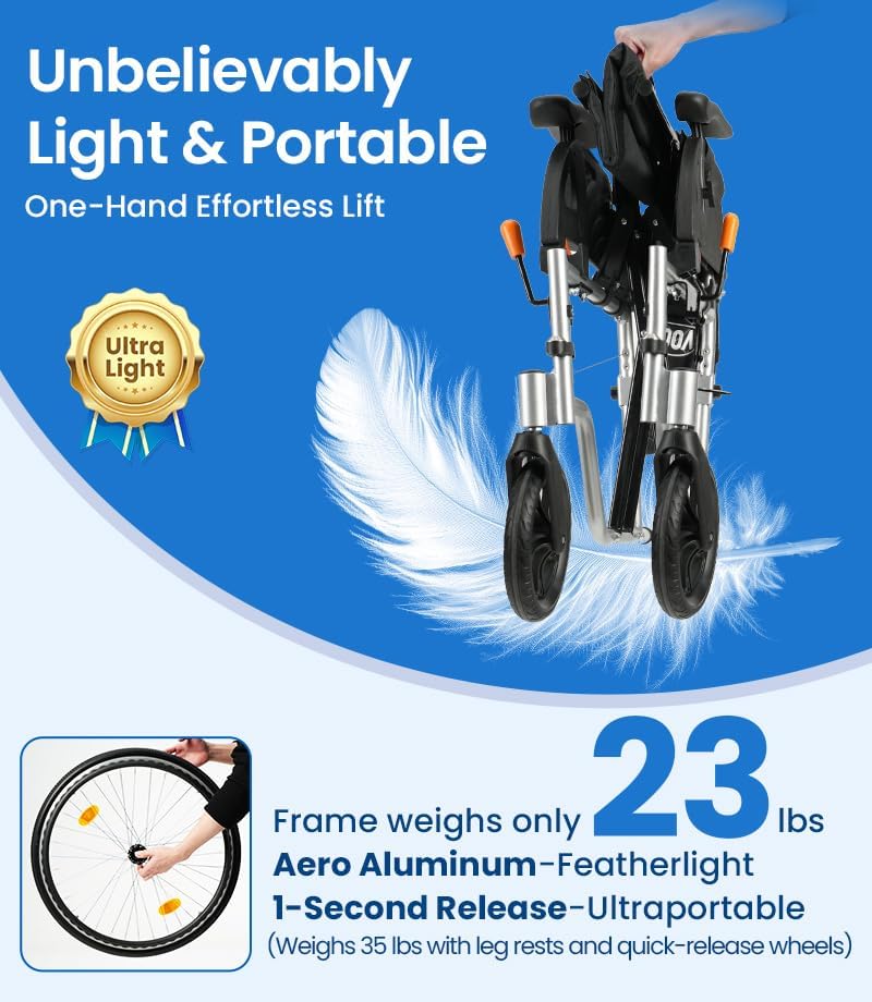 VOCIC Ultra Lightweight Wheelchair for Adults, 23lb Frame Portable Foldable Self-Propelled Wheelchairs for Seniors with Quick Release Wheels, Swing-Away Footrests,Flip-Back Arm, 300 lbs Red
