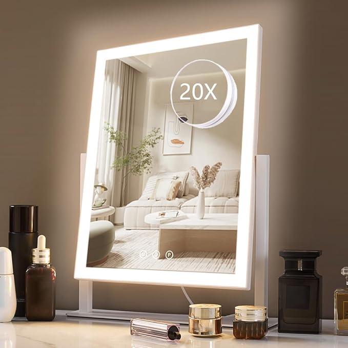 HIEEY Lighted Makeup Mirror, Hollywood Vanity Mirror with Lights, Three Color Lighting Modes, with 4in 20X Magnification Mirror, Smart Touch Control, 360Â°Rotation (17.4in,White,Gift Box)