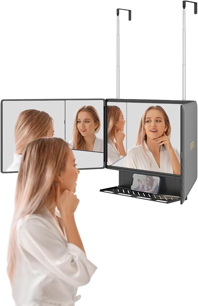 Dripex 3 Way Mirror with Storage Shelf, Trifold Self Haircut 360Â° Barber Mirror with Height Adjustable Hooks for Makeup, Styling, Shaving, Braiding, Dye Hair
