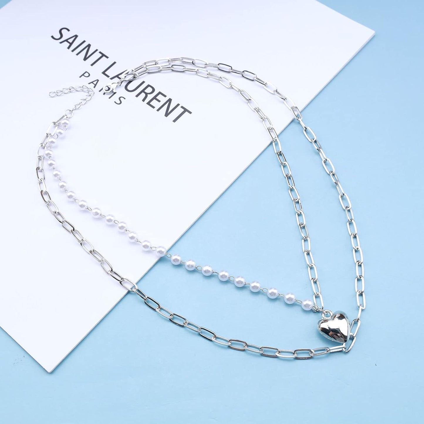 Boho Layered Pearl Choker Necklace Chain Vintage Gold Heart Pendant Cuban Chain Necklace Rock Statement Pearl Heart Necklace Asymmetrical Pearl Strand Necklace Jewelry for Women and Girls
